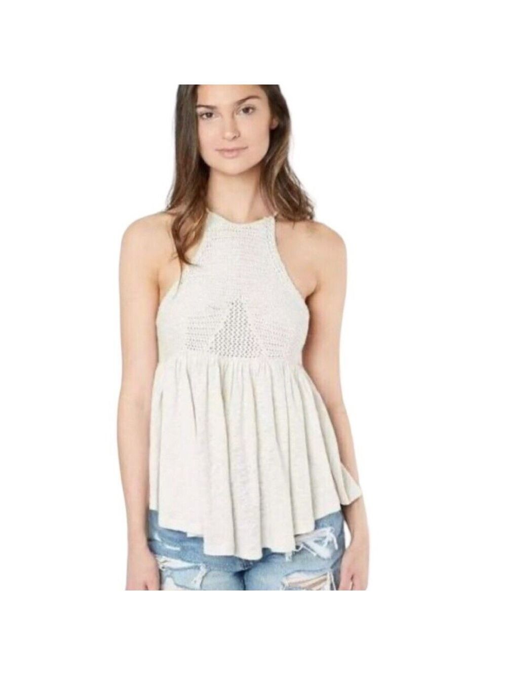 Free People Road Trip Crochet Tank Top Halter Size S Cream Festival Boho EUC